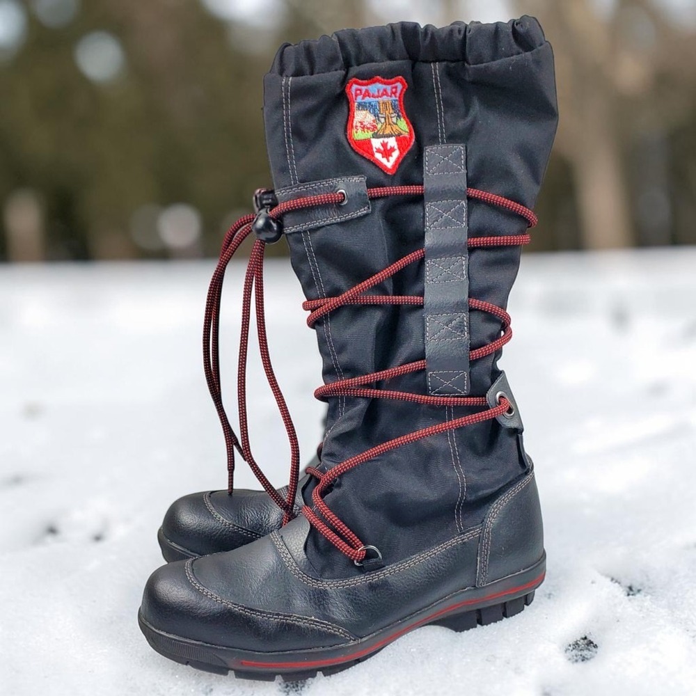 Pajar Canada Black Leather Tall Snow Boots Red Bungee Lace EU 37
